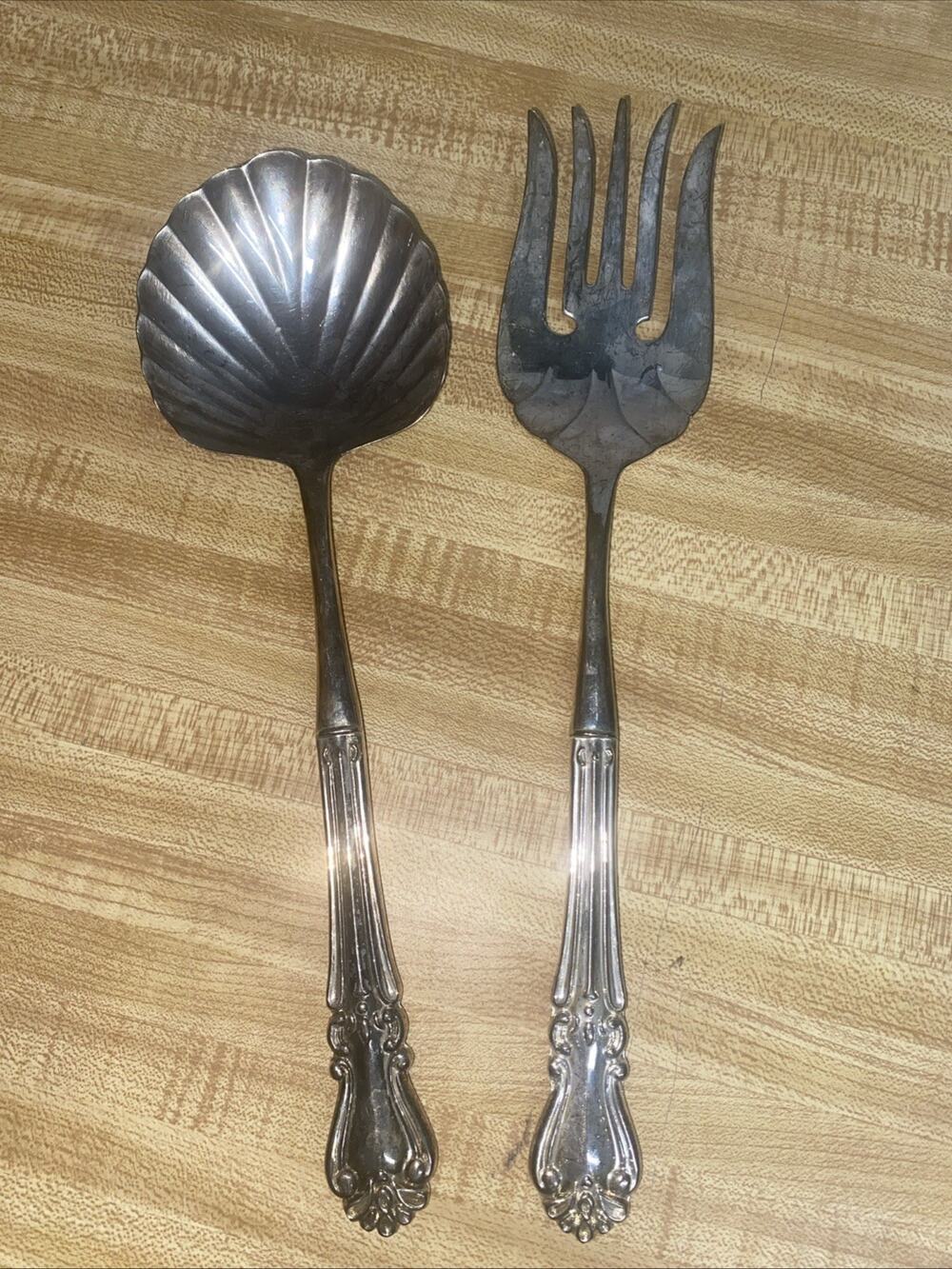 Pair Of Vintage Silver Plated Salad Serving Fork & Scallop Spoon Set